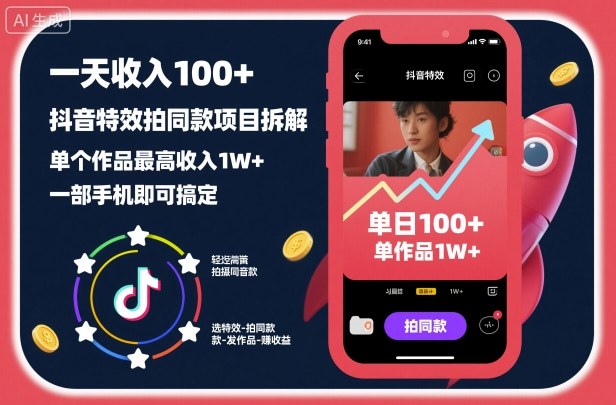 一天收入100+,抖音特效拍同款项目拆解,单个作品最高收入1W+,一部手机即可搞定-知行客