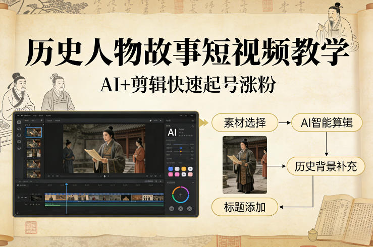 历史人物故事短视频教学，AI+剪辑制作历史人物题材短视频，快速起号涨粉-知行客