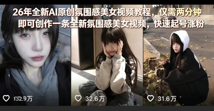 26年全新AI原创氛围感美女视频教程，仅需两分钟即可创作一条全新氛围感美女视频，快速起号涨粉-知行客