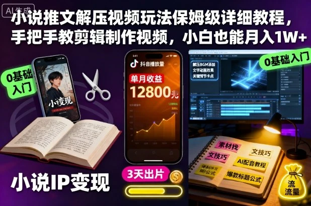 【精】小说推文解压视频玩法保姆级详细教程，手把手教剪辑制作视频，小白也能月入1W+-知行客
