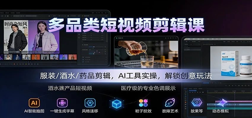 【精】多品类短视频剪辑课：服装/酒水/药品剪辑，AI工具实操，解锁创意玩法-知行客