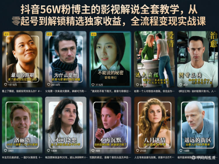 【精】抖音56W粉博主的影视解说全套教学，从零起号到解锁精选独家收益，全流程变现实战课-知行客