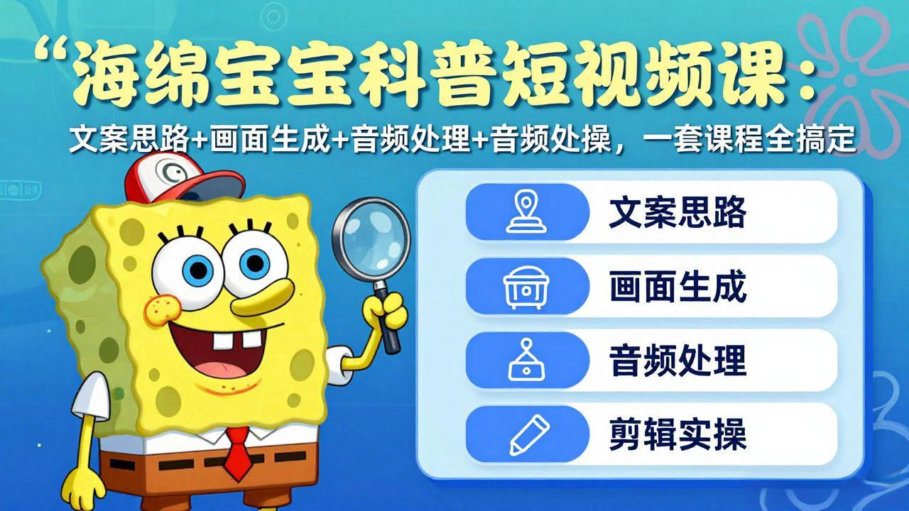 海绵宝宝科普短视频课：文案思路+画面生成+音频处理+剪辑实操，一套课程全搞定-知行客