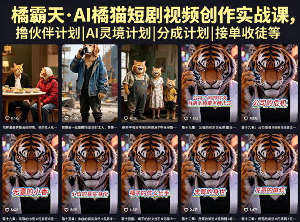 【精】橘霸天·AI橘猫短剧视频创作实战课，撸伙伴计划|AI灵境计划|分成计划|接单收徒等-知行客