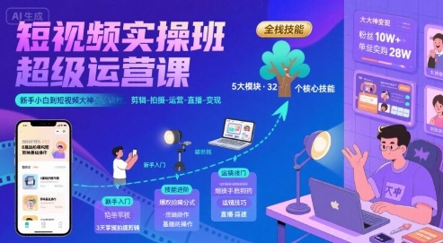短视频实操班超级运营课，新手小白到短视频大神必修课程，剪辑-拍摄-运营-直播-变现-知行客